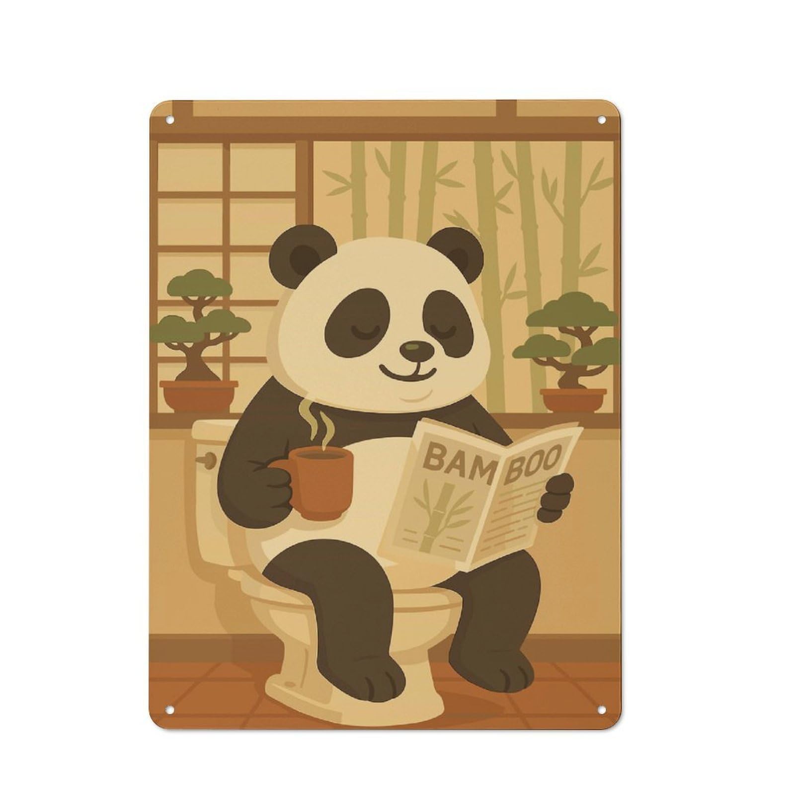 Retro Decorative Tin Plaque 40x30cm Featuring Panda on Toilet Reading Newspaper, Novelty Wall Art for Bedroom, Kitchen, Office Or Living Room