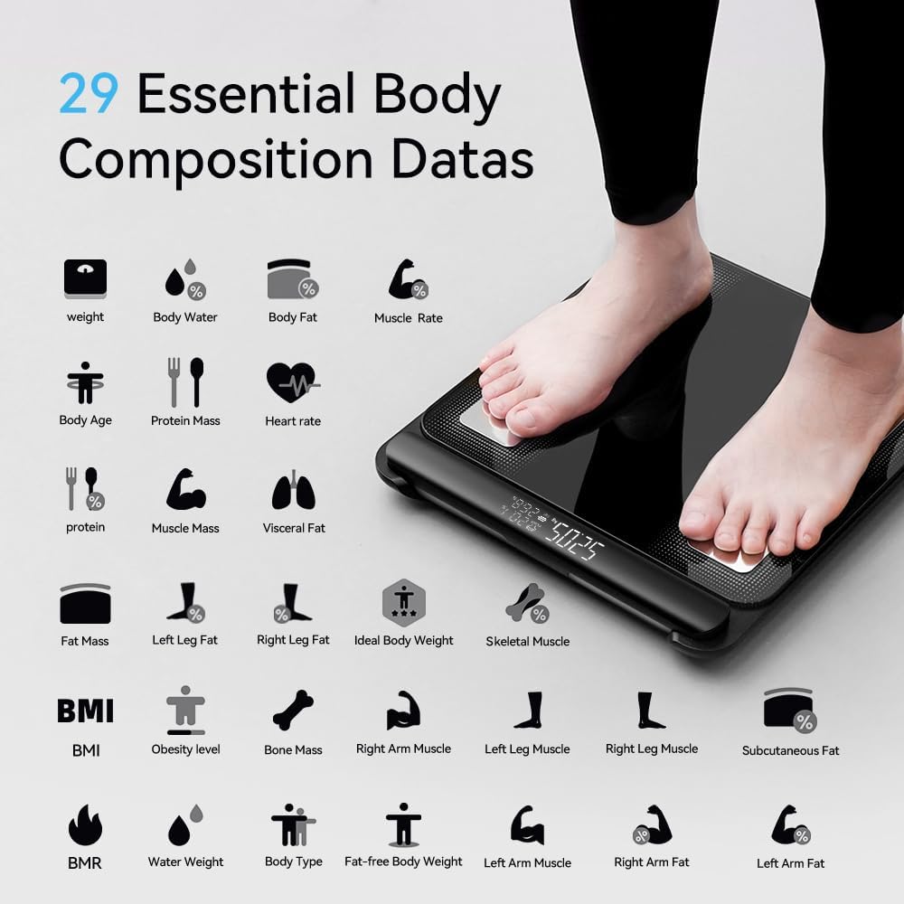 Balance Pèse Personne Connectée Impédancemètre Avec 8 Électrodes Haute Précision, 29 Données Corporelle Écran sur la Poignée Avec APP pour Andriod et iOS, Max. 180kg/400lb/28st, 30 * 35CM