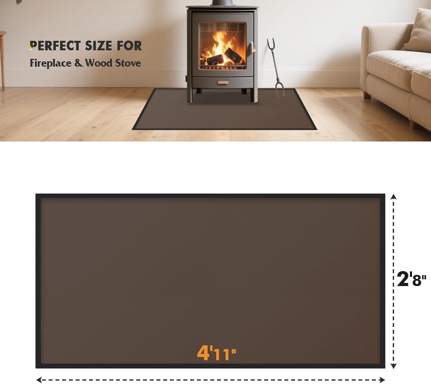 Fireplace Mat, 2'8'' x 4'11'' x 0.14'' Hearth Rugs for Fireplaces Fire Resistant, Fiberglass and Non-Slip Bottom Wood Stove Hearth Pads, Fireplace Hearth Mat for Fireplace Indoor Outdoor, Brown