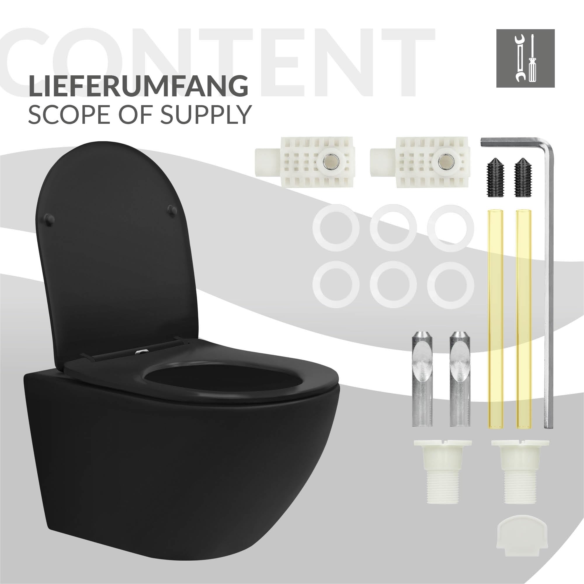 LuxeBath WC Suspendido Negro Mate de Cerámica sin Borde, Inodoro Colgante 54cm Largo con Descarga Profunda de Tornado para Baño, Wáter con Asiento Extraíble y Tapa Softclose