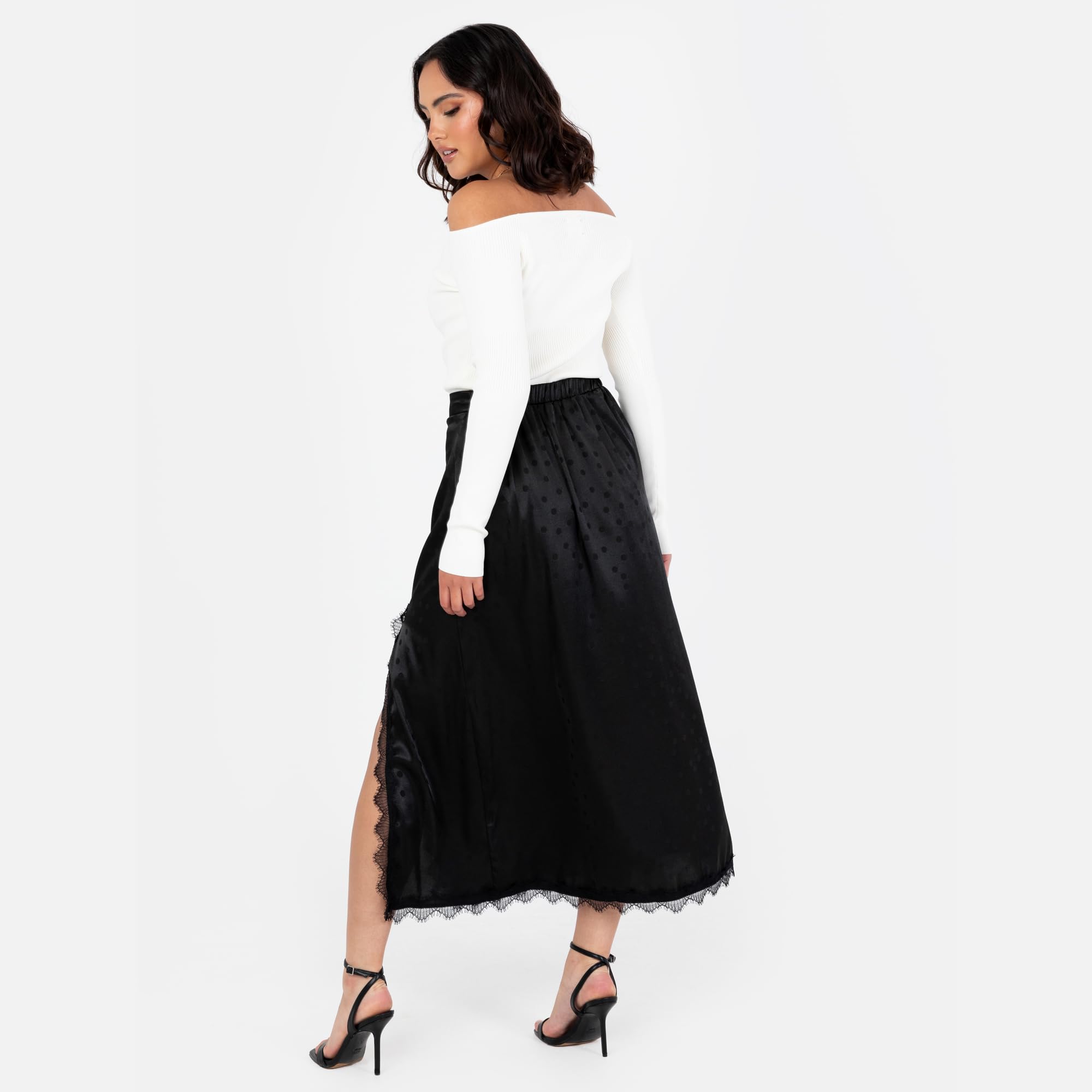 Lovedrobe Women's Midaxi Skirt Ladies Satin Lace Trim Split Hemline Polka DOT Spot Print A-Line Occasion Evening Party Cocktail Gonna Donna (Pacco da 1)