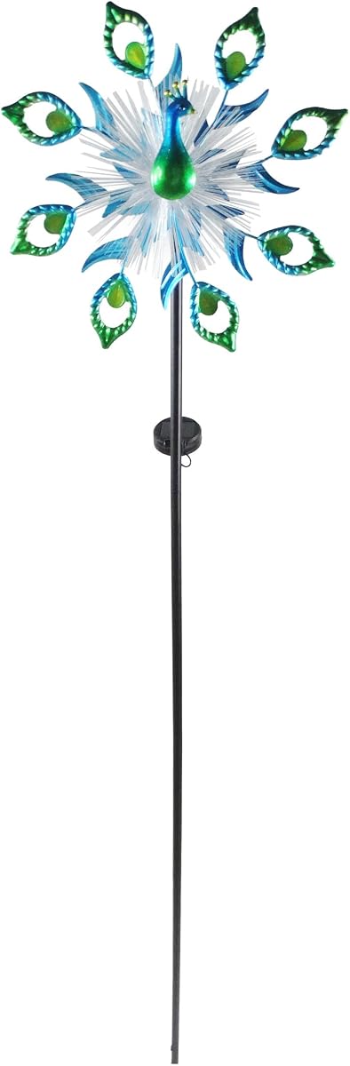 Alpine Corporation Estaca giratoria de metal solar para jardín con luz LED de fibra óptica, decoración de patio, resistente a la intemperie, adorno cinético para patio, jardín y pasarela