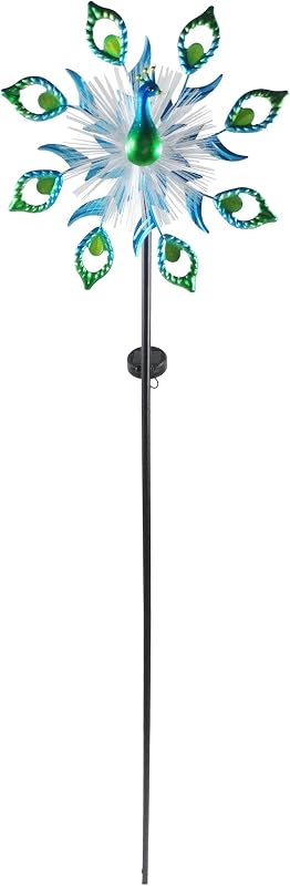 Alpine Corporation Estaca giratoria de metal solar para jardín con luz LED de fibra óptica, decoración de patio, resistente a la intemperie, adorno cinético para patio, jardín y pasarela
