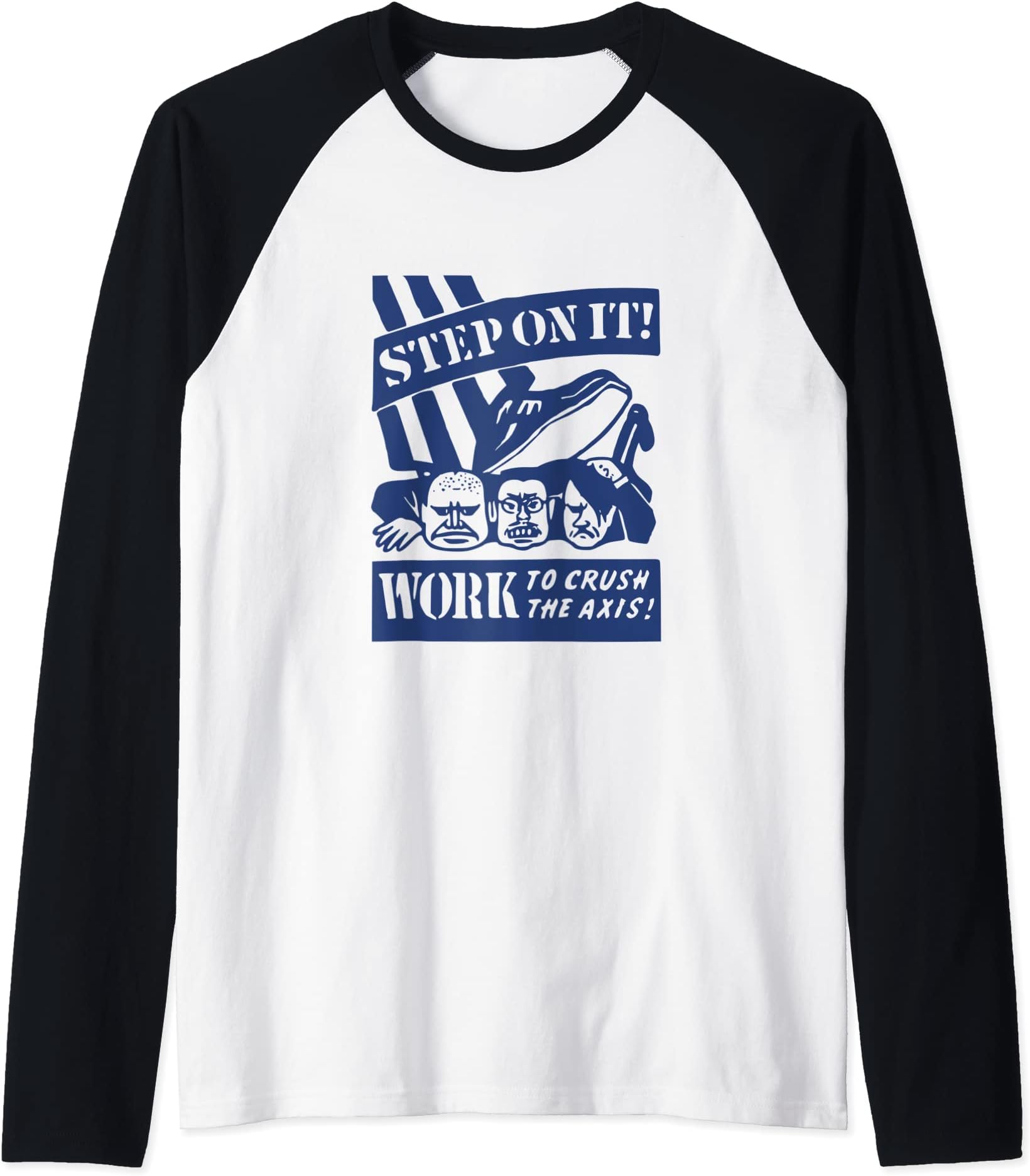 Step On It! Work To Crush The Axis WWII Vintage Matchbook Raglan Baseball Tee