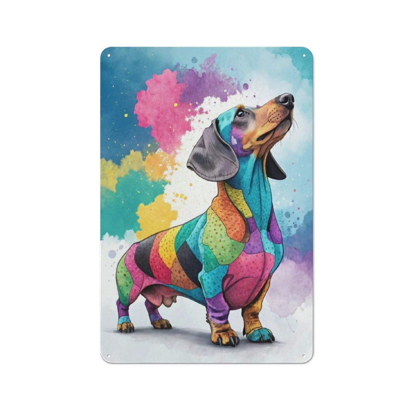 Junmoney Style-21 Tin Wall Plaque 30X20cm With Colorful Dachshund Watercolor Painting For Guest Room Or Hallway, For Updating Guest Room And Hallway After Moving