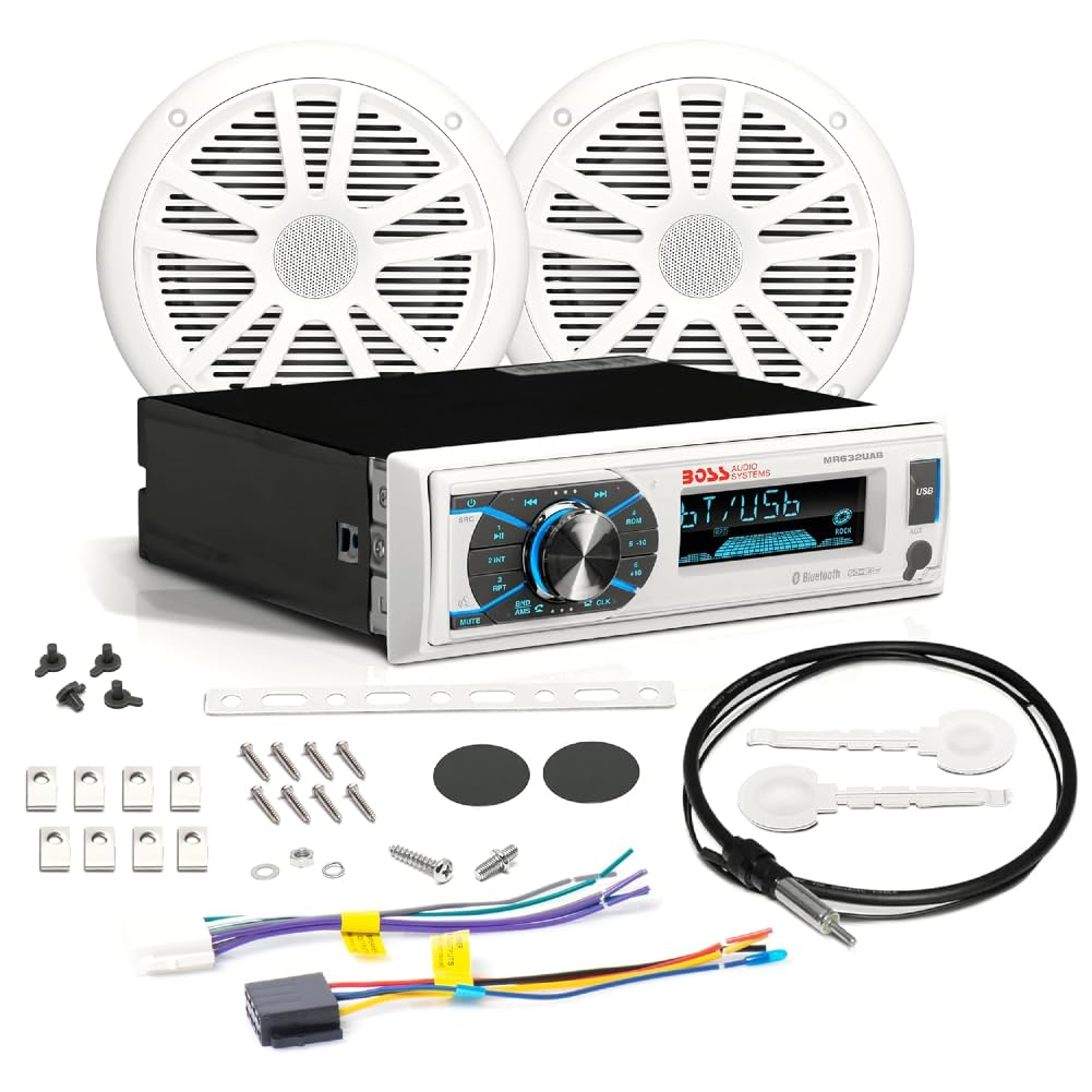 KIT Set Marine FÜR BOSS Audio Systems MCK632WB.6 mit MR632UAB AM/FM-Bluetooth-Stereoempfänger, einem Paar MR6W-Lautsprechern, 90 Watt RMS, 180 Watt max., MRANT10-Dipolantenne, 1 Kit + Zubehör
