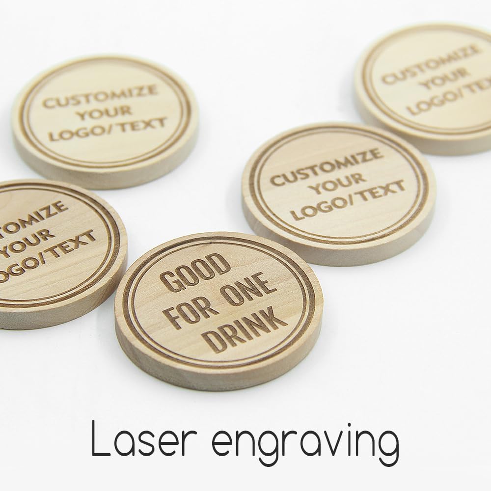 50-1000PCS Custom Wooden Round Bar Tokens, Laser Engraved with Your Logo and Text, Poker Chips for Bar, Party, Wedding, Festival, Corporate Event, Board Games