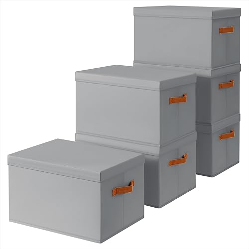 Miniatura 25 de Contenedores de almacenamiento con tapas, cestas de almacenamiento de tela para estantes, paquete de 4 cajas decorativas plegables con asas, Beige