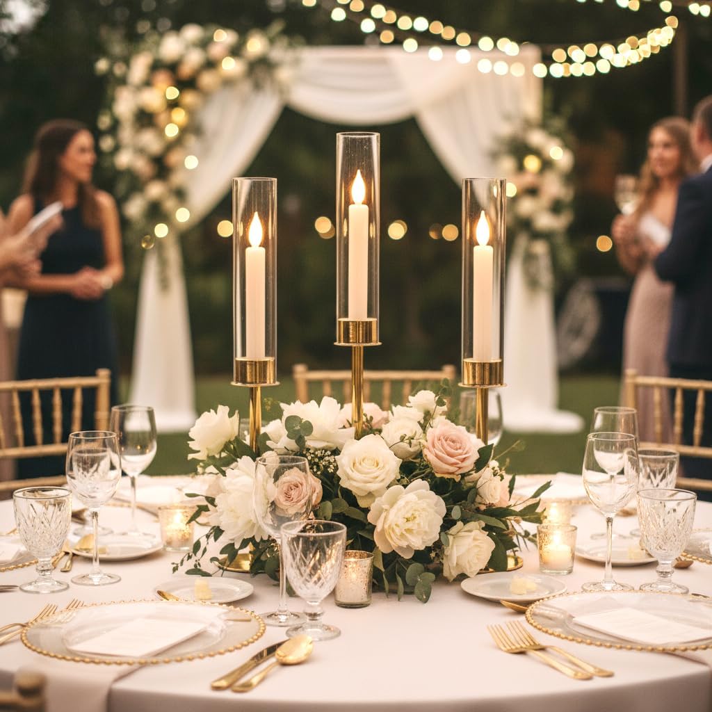 Hurricane Acrylic Candle Holders,Gold Candlestick Holders with Acrylic Lampshade,6pcs Candle Holders for candlesticks 14”16”18”for Wedding Table Centerpiece,Birthday Party,Housewarming Gift