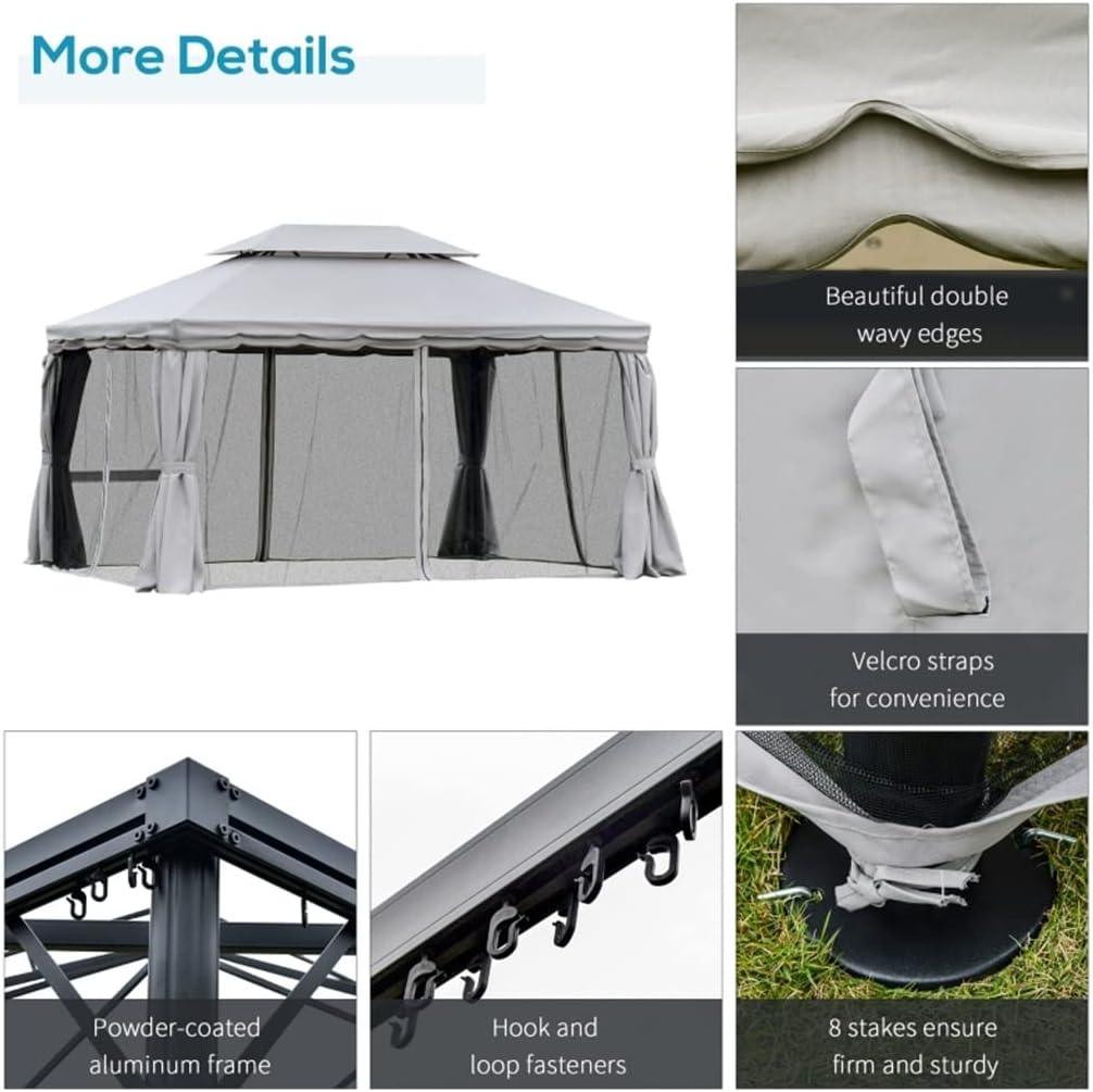 10' X 13' Patio Gazebo, 2-Tier Polyester Roof, Vented Canopy, Mesh, Portable Aluminum Frame for Outdoor, Grey