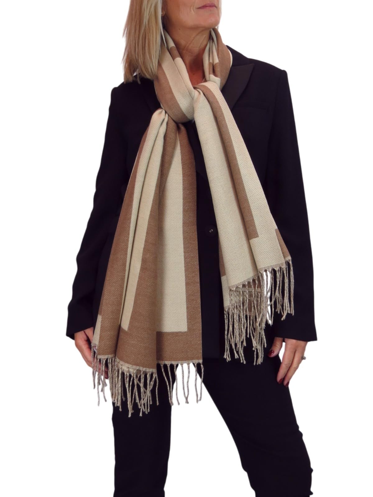 Paulo Due Women's Wool Scarf Supersoft Geometric Design Pashmina with Tassel Ends, Large Cosy Neck Wrap for Winter, Elegant Gift for Women Beige/Brown