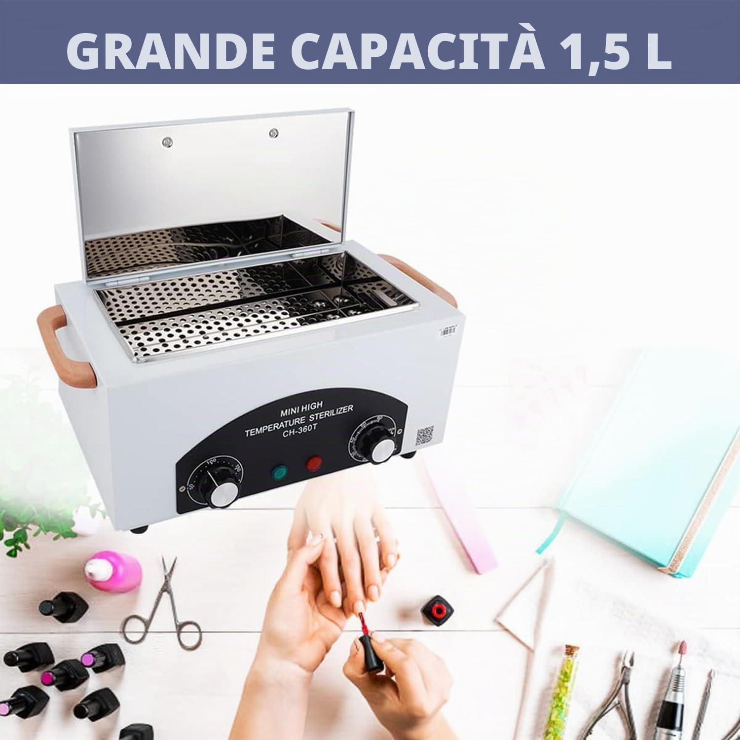 Sterilizzatore ad aria calda da 1,5 l, 220 °C, 300 W, temperatura regolabile, sterilizzatore per strumenti con timer, strumento per unghie, pinzette, forbici, sterilizzatore per cosmetici, studi di