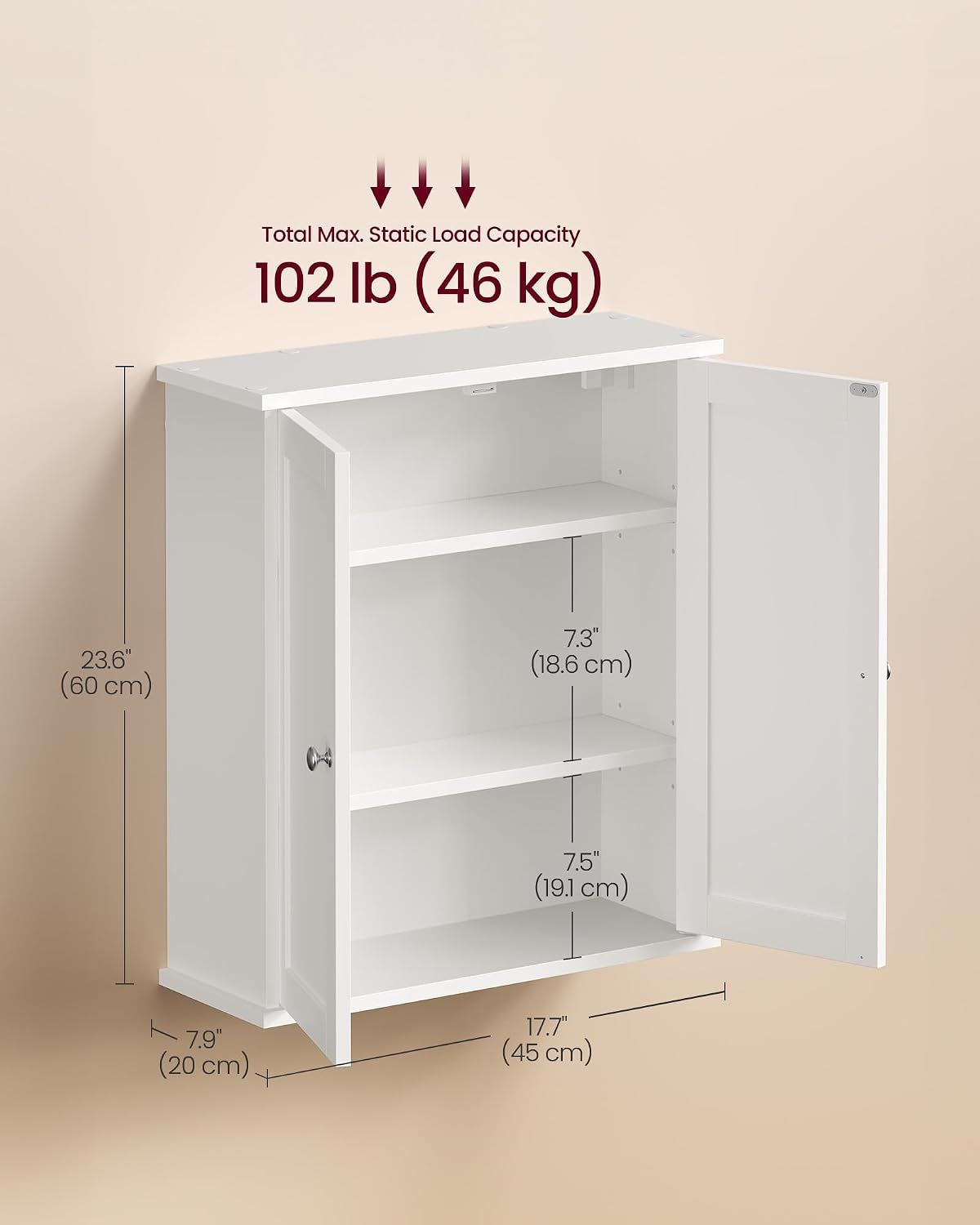 Diagram showing the dimensions of the VASAGLE Wall Mounted Cabinet.