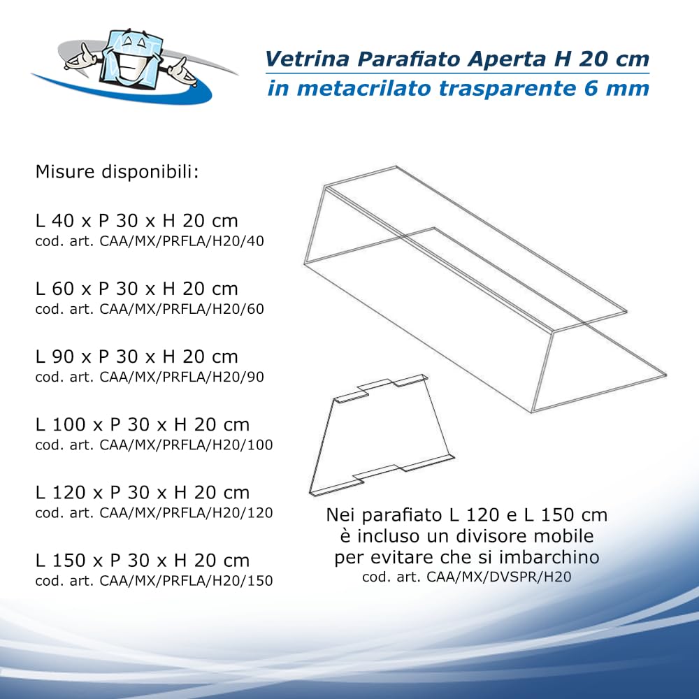 Vetrina da banco in plexiglass trasparente per alimenti H 20 cm aperta o chiusa su 3 lati disponibile con o senza sportello