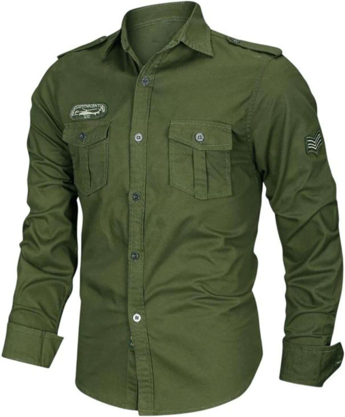 Men's Cotton Military Style Long Sleeve Shirt Collared Regular Fit Wrinkle Resistant Machine Washable