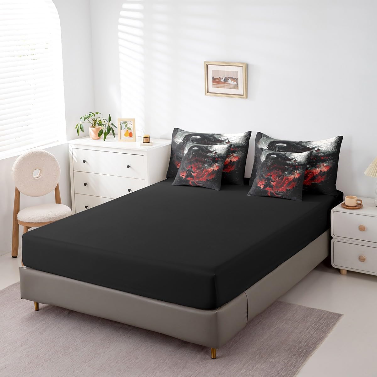 Feelyou Dragon Comforter Set with Sheets Queen Size Japanese Style Bed in a Bag for Boys Girls Teens Samurai 7 Pieces Bedding Set Dragon Decor Bed Set Room Decor Black Red