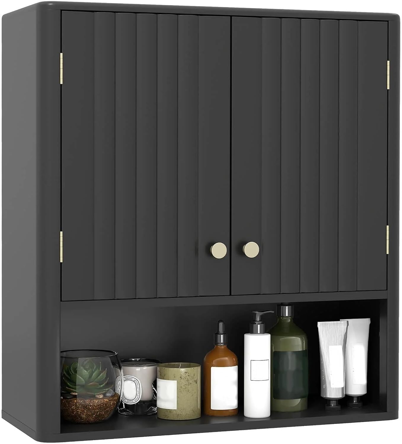 バスルーム ウォール キャビネット フルーテッドドア 溝付き扉 調整可能棚 オープン ストレージ キューブ 壁掛け 収納キャビネット