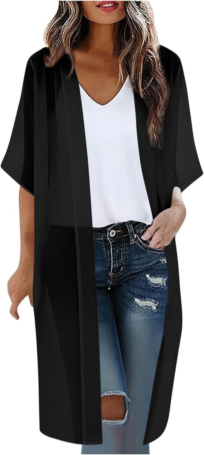 Women Bikini Cover Ups Summer Kimono Bathing Suit Cardigan Beach Half Sleeve Open Front Loose Breathable Mid Cardigans