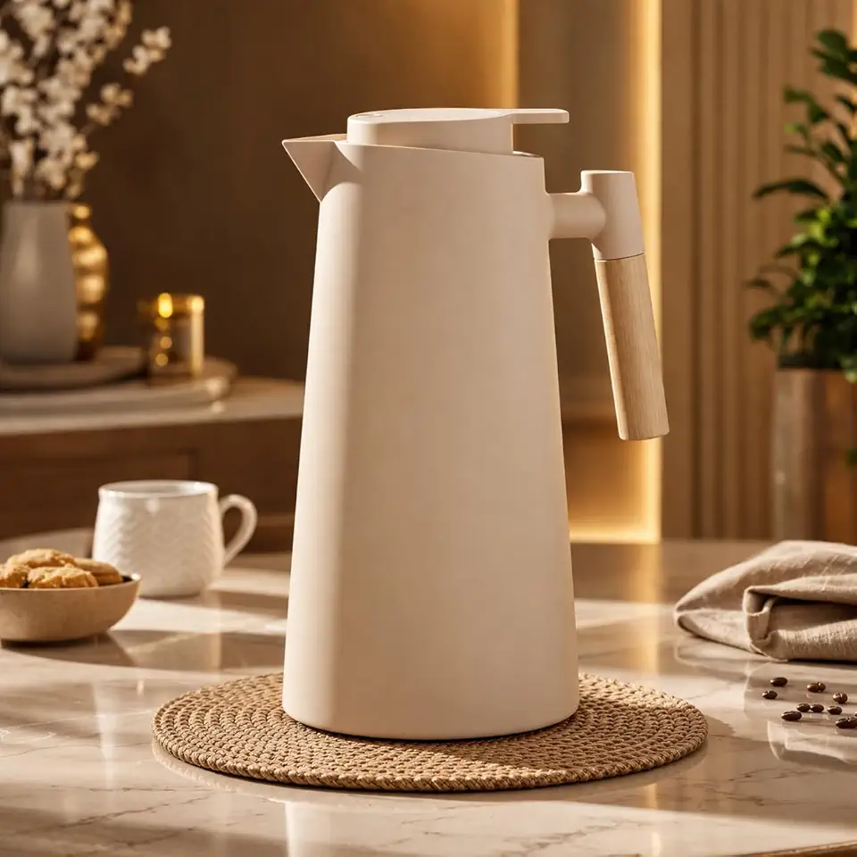 Garrafa Térmica 1L Premium Creme – Design Elegante em Preto com Cabo de Madeira | Ideal para Café, Chá e Bebidas Quentes | Mesa Posta Sofisticada (Creme)