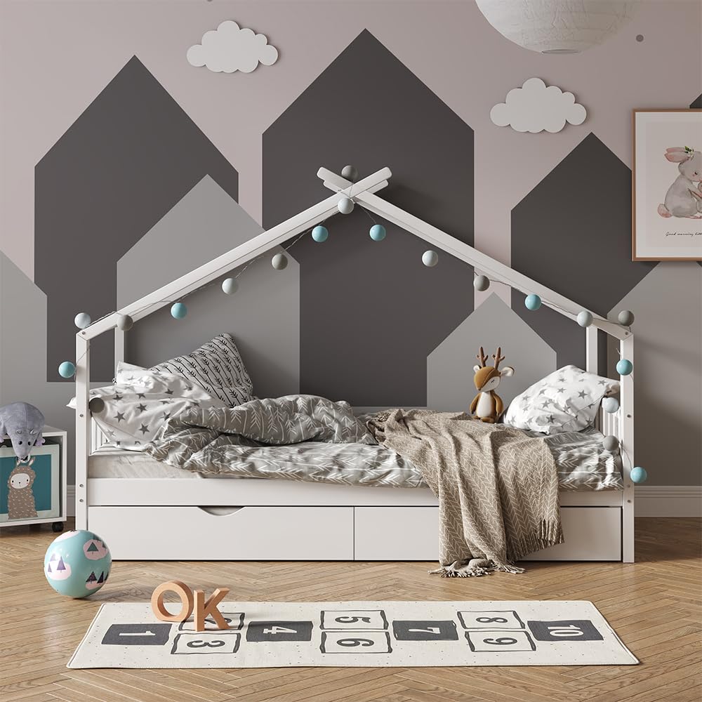 VitaliSpa Letto montessori bambini Design, Bianco, 90x200 cm con letto per ospiti, con sponda anticaduta e rete a doghe per un sonno sicuro