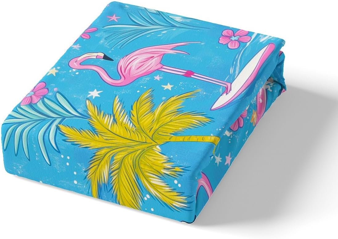 Cartoon Flamingo Duvet Cover Set Toddler Size,Surfboards Surfing Sports Cute Animal Bedding Set,Boys Girls Room Decor,Hawaii Summer Ocean Comforter Cover,Pink Blue Quilt Cover,1 Pillowcase(No Filler)