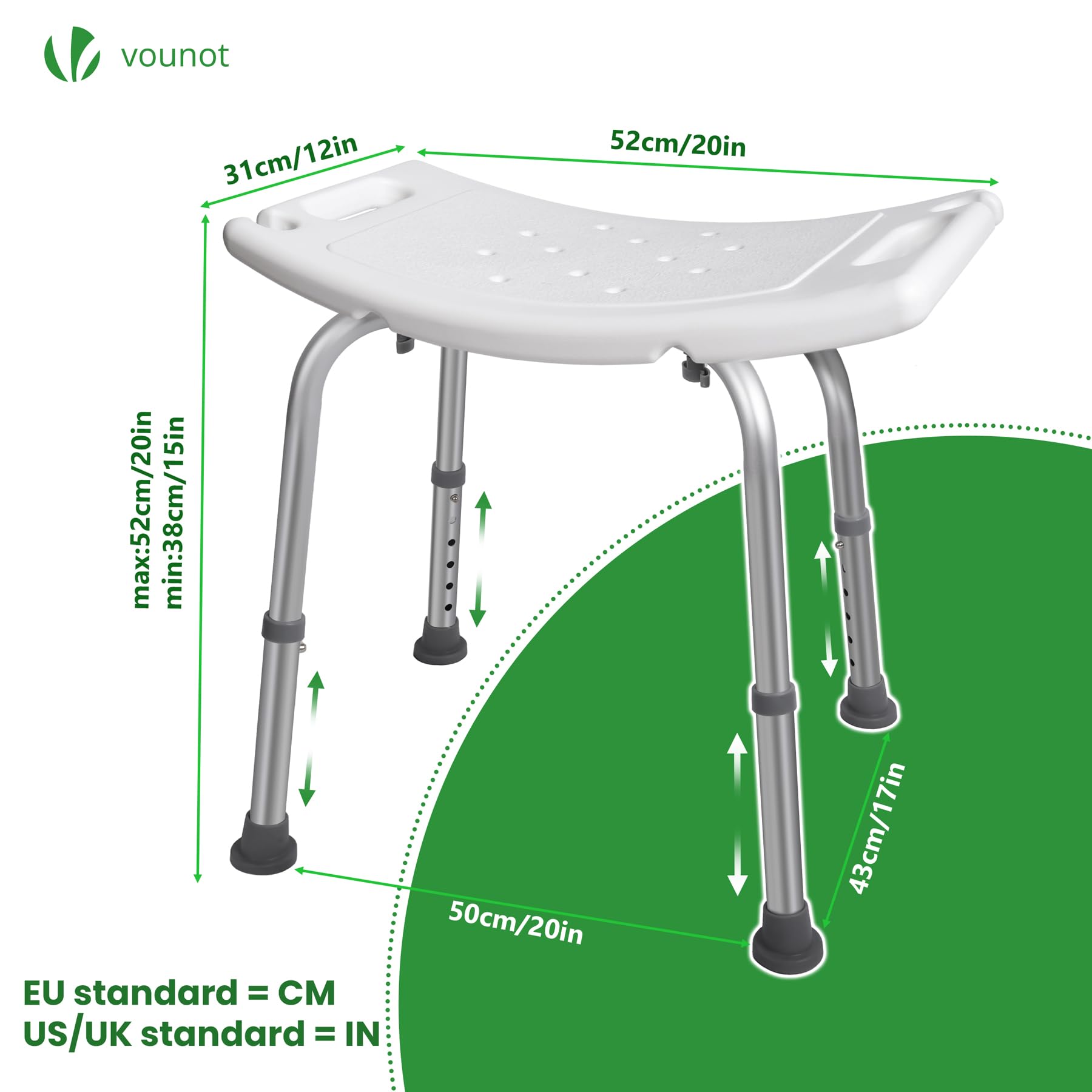 VOUNOT® Taburete de Ducha Altura Regulable 38-52 cm, Asiento de Baño con Patas Antideslizantes, Ayuda para Personas Mayores y Discapacitados, Carga máx. 136 kg, Blanco
