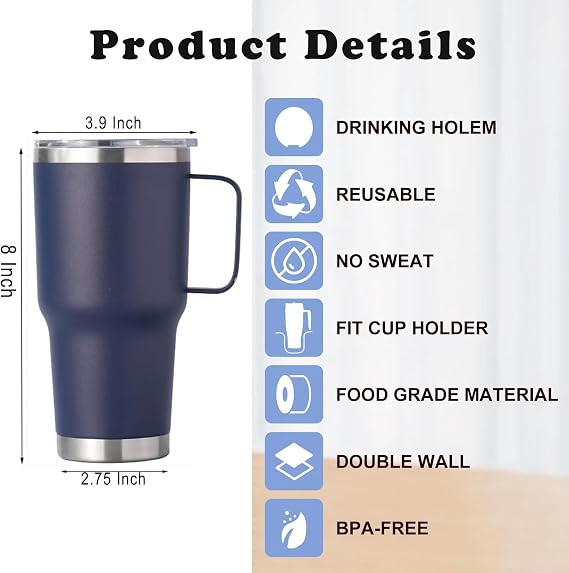 30 OZ Tumbler with Lid and Straw, 304 Stainless Steel Tumbler with Handle, Double Wall Vacuum Insulated Tumbler, Leakproof Travel Mug, Navy
