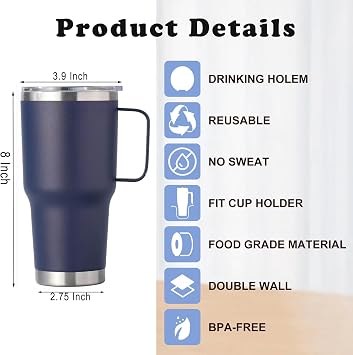 30 OZ Tumbler with Lid and Straw, 304 Stainless Steel Tumbler with Handle, Double Wall Vacuum Insulated Tumbler, Leakproof Travel Mug, Navy