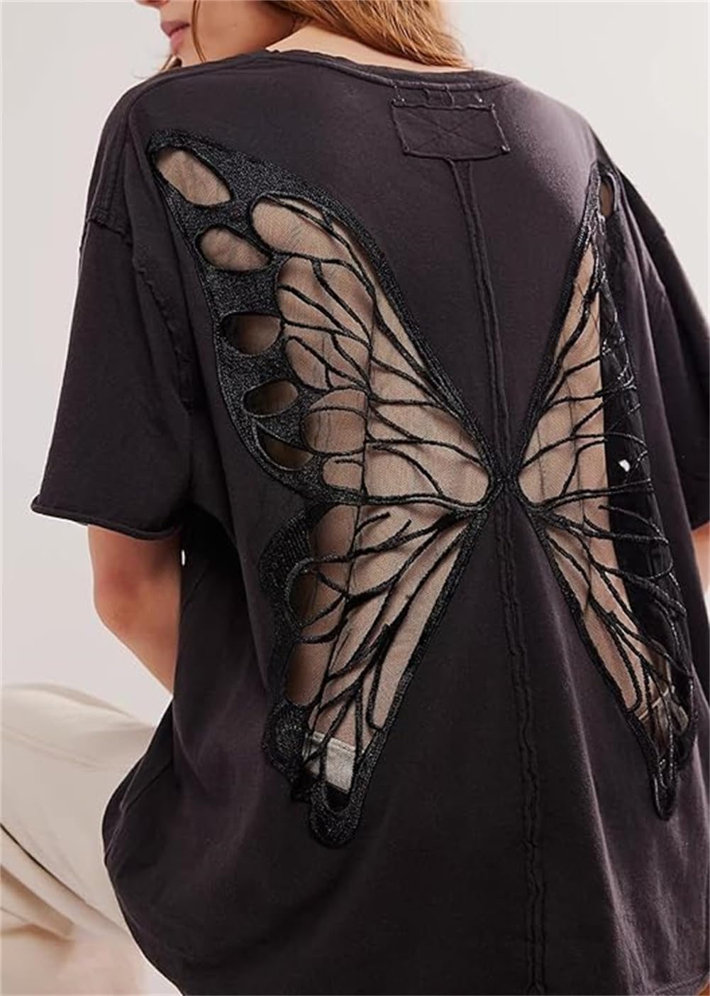 Women Butterfly Sheer T-Shirt Loose Cut Out Back Vintage Short Sleeve Tee Oversized Embroidered Summer Trendy Top - Image 2
