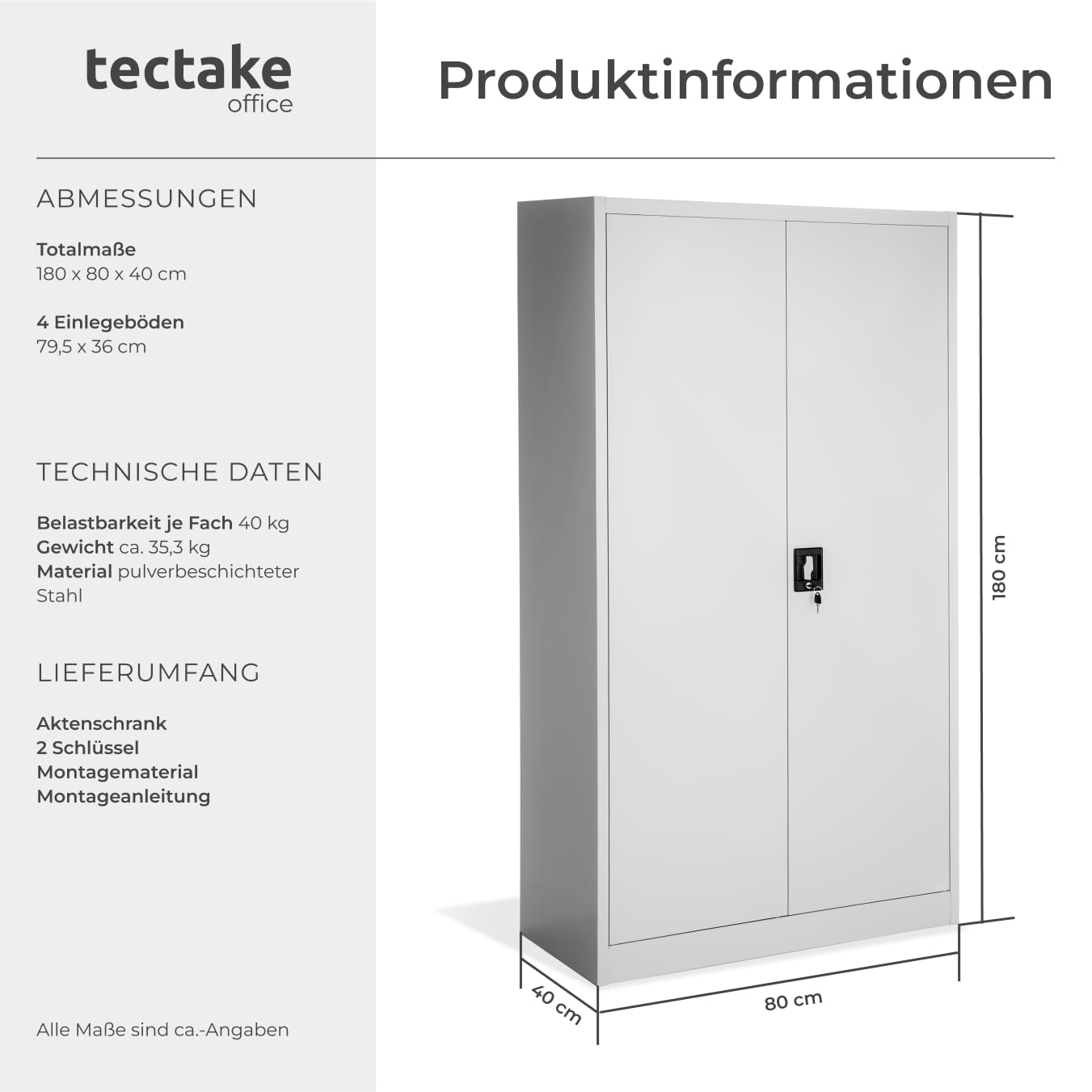 tectake® Aktenschrank, Büroschrank abschließbar, Mehrzweckschrank aus Stahl, Allzweckschrank mit 2 Türen, inkl. 3 höhenverstellbare Einlegeböden, Aktenschrank abschließbar 180x80x40 cm - grau