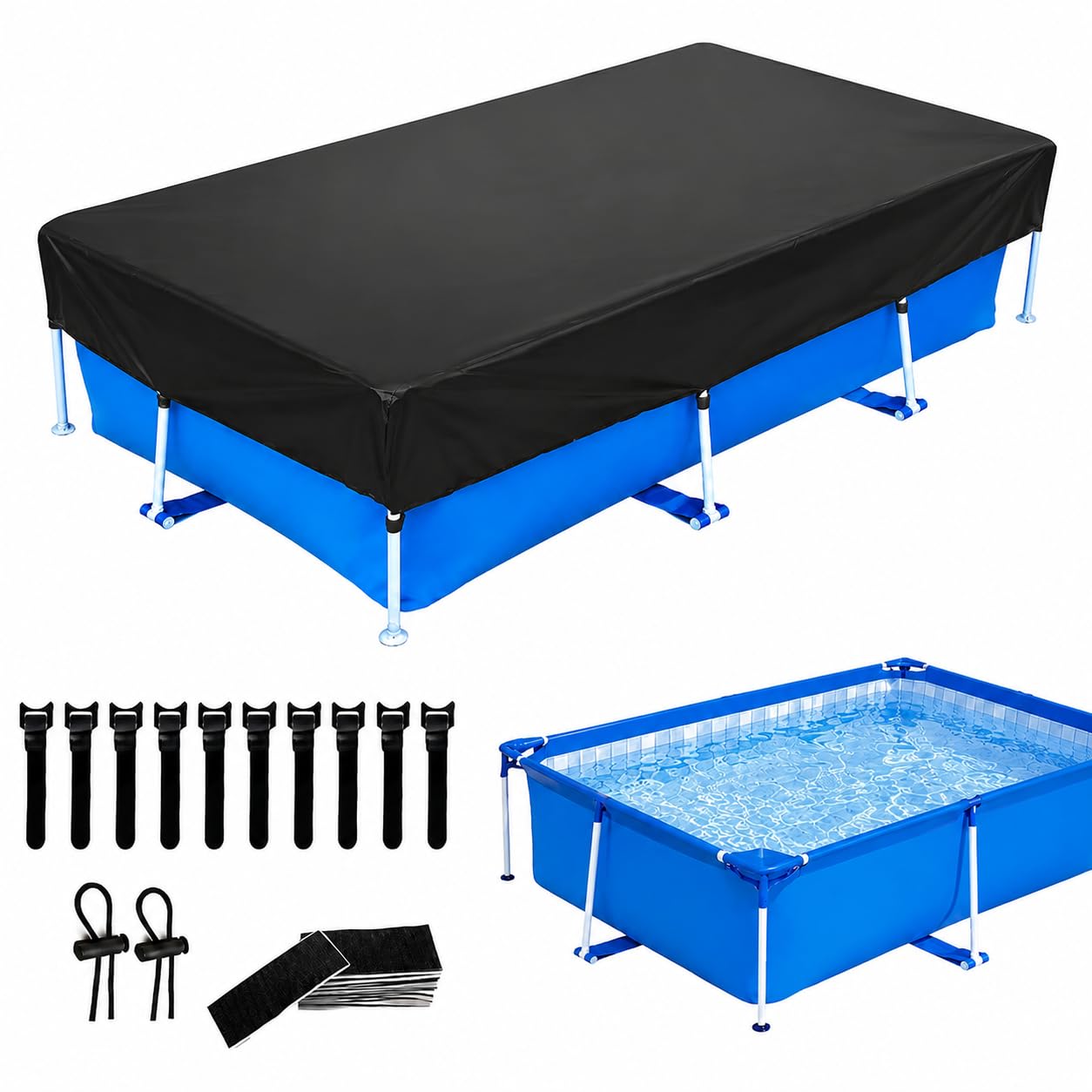 260x170 cm (8.5 x 5.6 ft) Rectangular Above‑Ground Pool Cover, Heavy‑Duty Pool Tarpaulin Cover with Rope, Dustproof Waterproof UV‑Resistant for Easy Set Frame Outdoor Swimming Pools