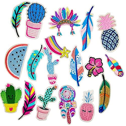 Hyxodjy Lot de 18 Patchs Stickers Vetement Thermocollant avec Tropical Elements Cactus Fruits Plumes Tribales DIY pour Jeans Vêtements Sacs à Main Chaussures ou Casquettes pour Enfants et Aulte