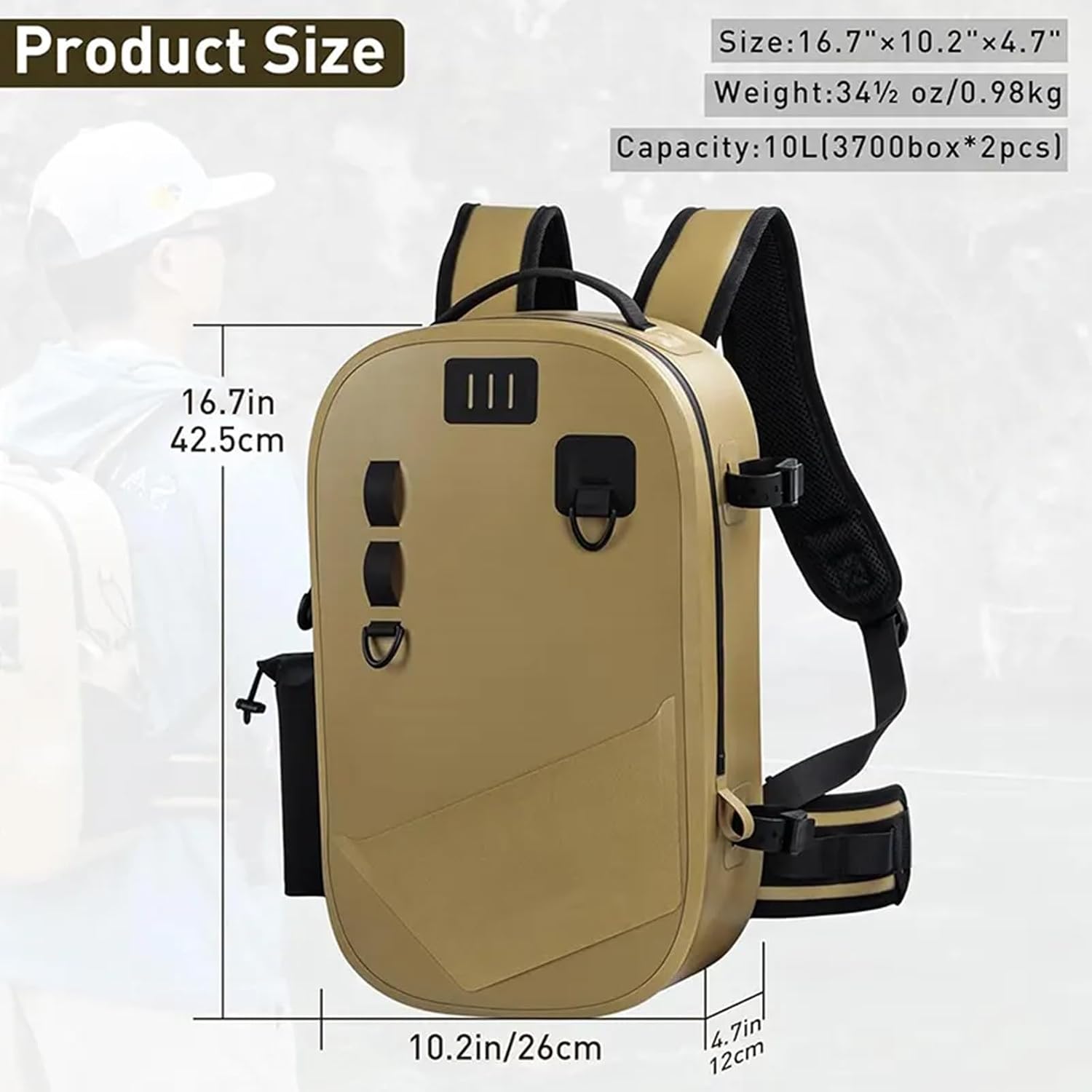 Waterproof fishing backpack with rod holder, outdoor large capacity, multi-functional hooks, accessory hanging for fishing gear, water bottle holder, Gear Loops and Submersible zipper. (Brown)