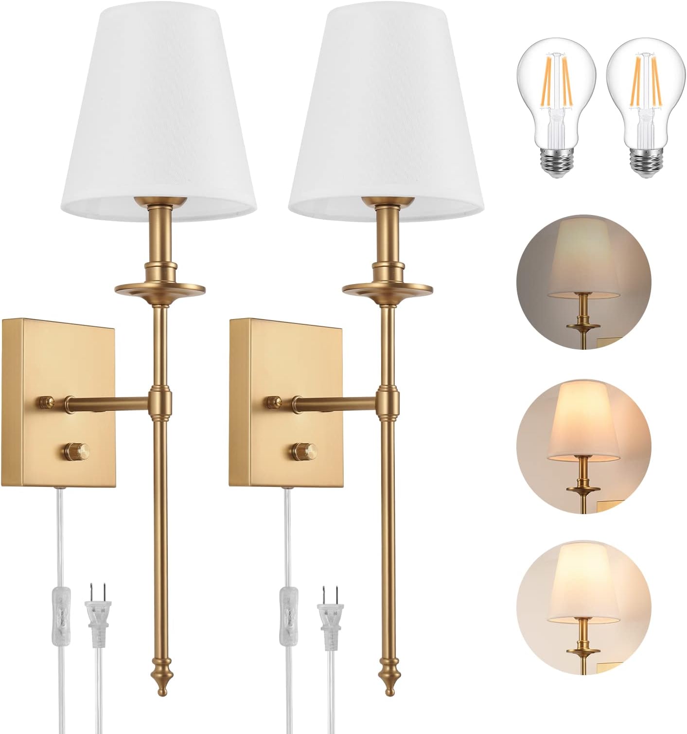 Dimmable Wall Sconces Set of Two, Plug in Wall Sconces White Fabric Shade, Wall Lamp for Bedroom, Living room, Plug in Wall Light Sconces Wall Decor Set of 2, LED Bulbs Included, Antique Brass