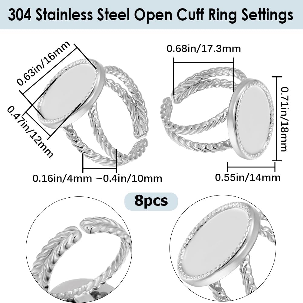Beebeecraft 1 Box 8Pcs Sun Open Cuff Ring Settings 18K Gold Plated Open Blank Rings Metal Settings Ring Blanks DIY Bezels for Jewelry Making, Oval Tray 16x12mm
