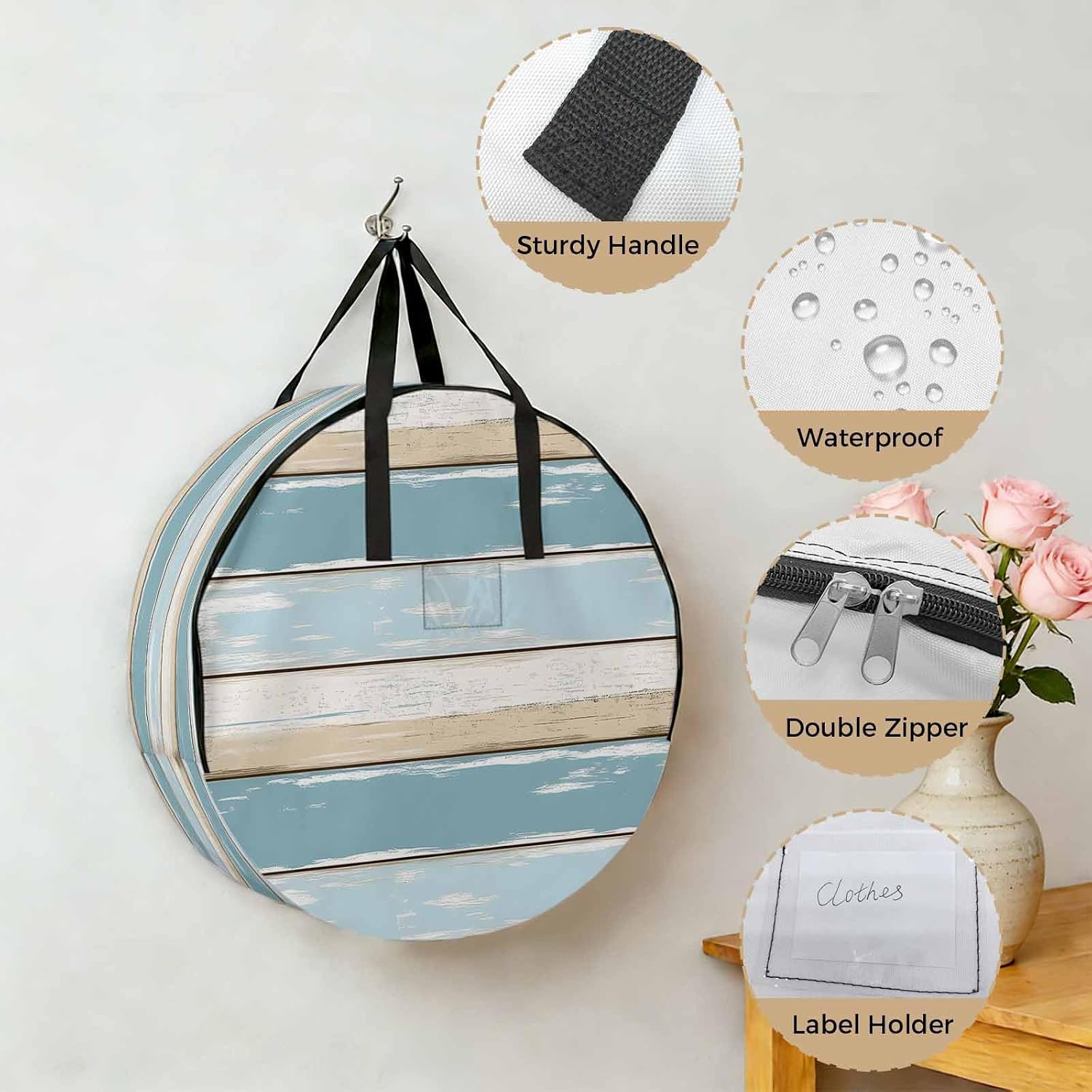 Blue Beige Wood Grain Round Storage Bag 24 Inch, Vintage Board Farmhouse Retro Clothes Storage Container with Handles Heavy Duty Organizer for Comforter, Bedding & Holiday Wreaths