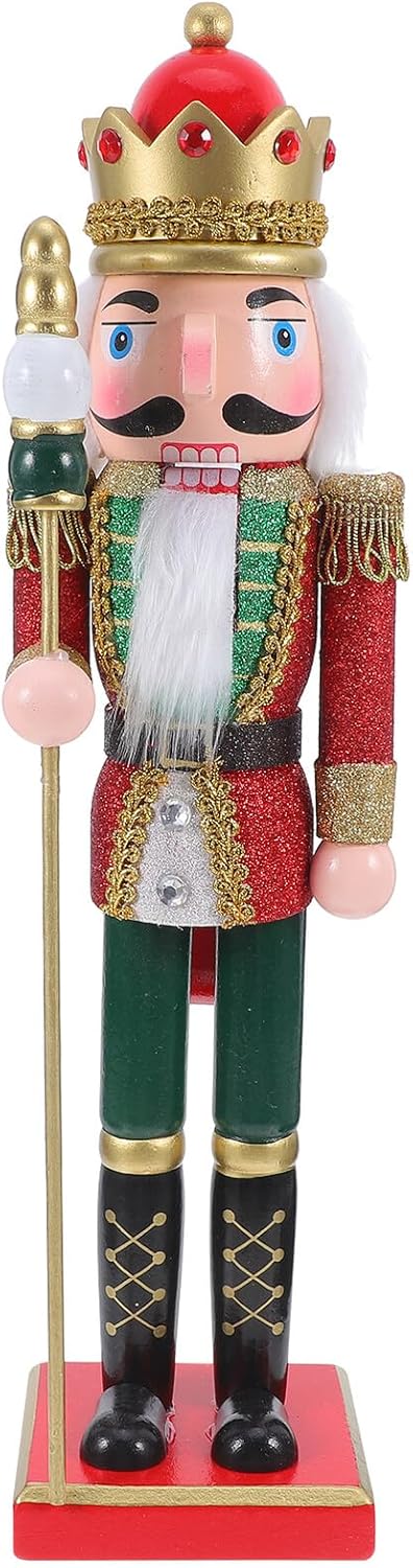 38cm Pink Glitter Nutcracker Figurine Christmas Decoration, Wooden Holiday Nutcracker Ornament with Green Base, Festive Desktop Xmas Mantel Centerpiece for Indoor Winter Decor