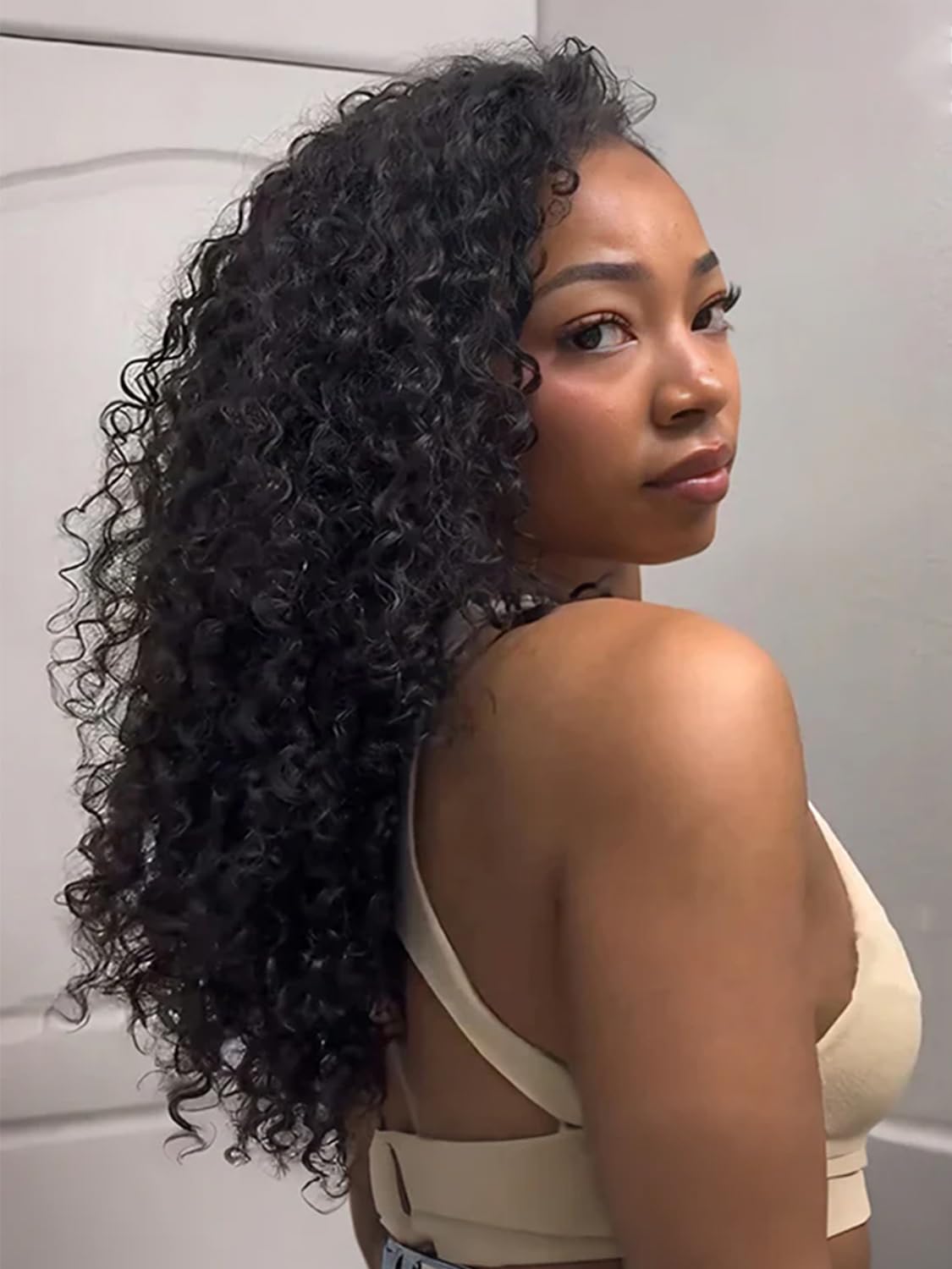 ISEE Half Wig Human Hair Water Wave Human Hair Glueless Wigs Seamless Clip Ins Flip Over Wear Go Wig Invisible Hairline Beginner Friendly (Black, 18 Inch)