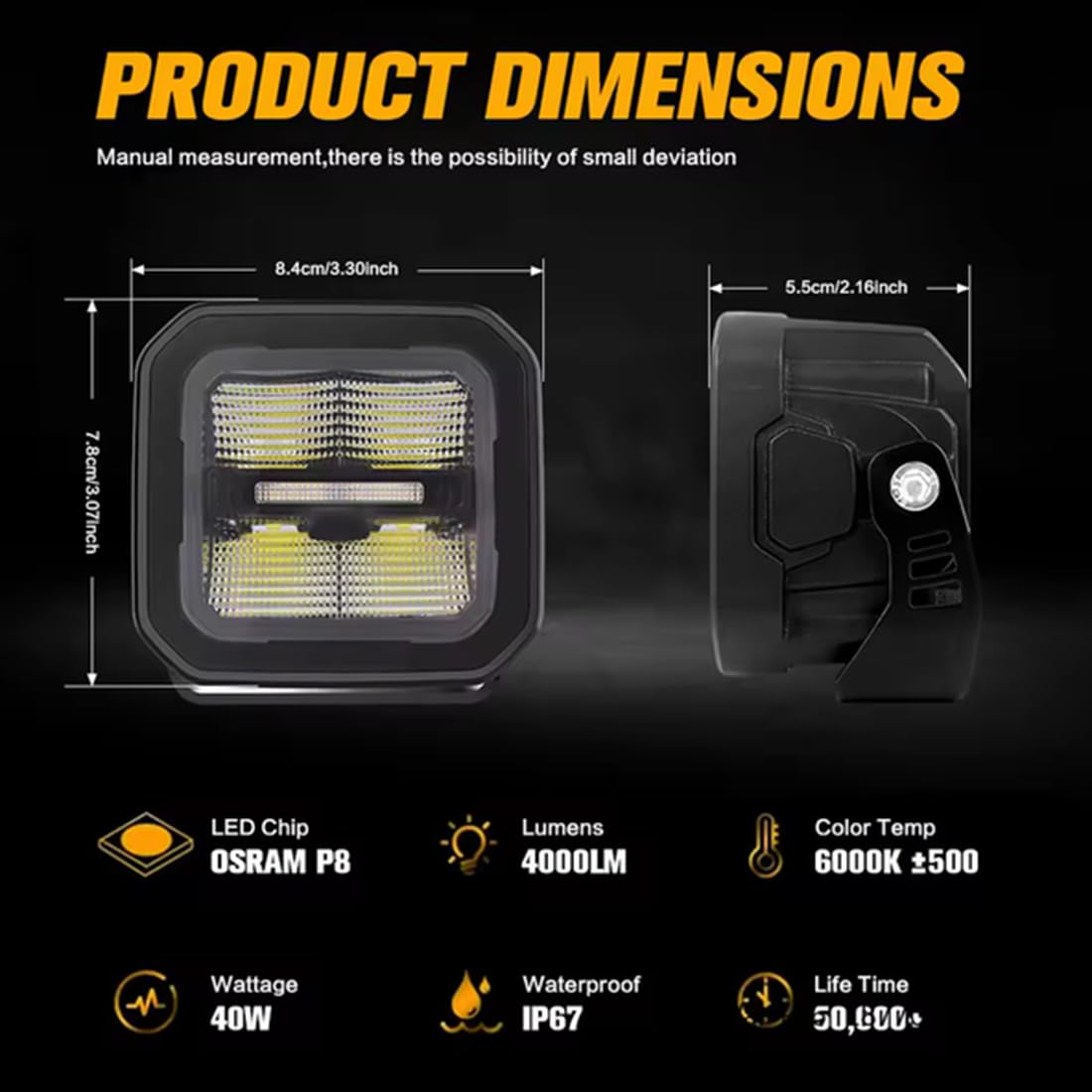 SageSunny Projecteur de travail LED 3 pouces 40W 4000lm 9-30V, rotation à 360 degrés, feux de jour ambre et blancs, pour camions, Jeep, SUV, quads et SSV, 1 pièce - garantie 18 mois