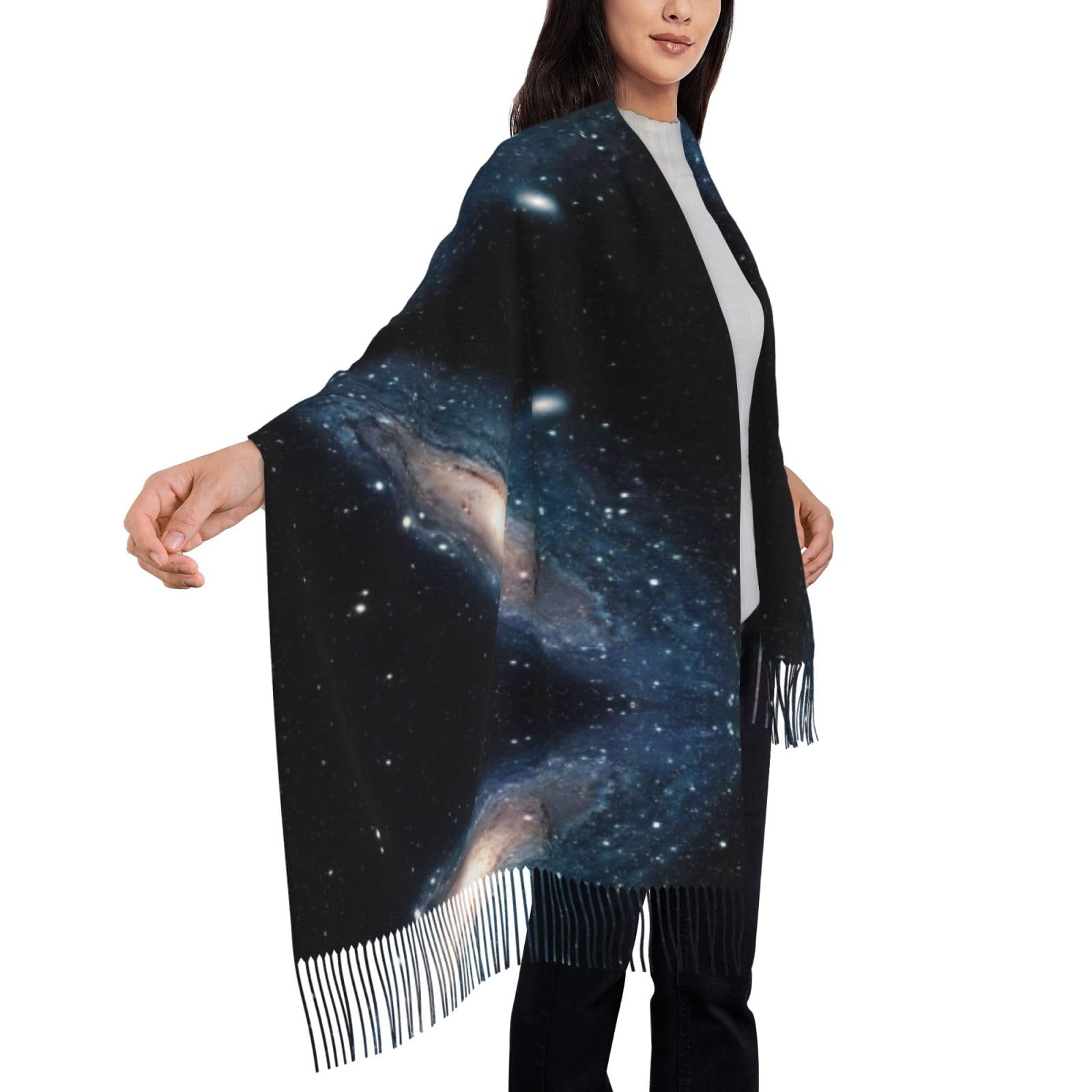 Damenschal mit Galaxie-Universum und Sternen, Weltraum-Druck, Herbst, Winter, modisch, Fransen, weich, warm, sonnenfester Wickelschal