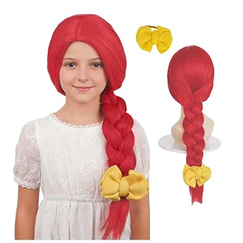 LABEAUTE Long Red Braids Cosplay Wig with Yellow Bow Hairpin for Womens Anime Braided Hair for Csm Halloween Party Hair + Cap