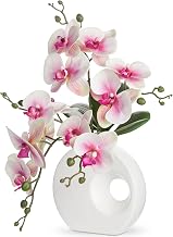 Artificial Plant Orchids with Ceramic Doughnut Vase Artificial Flower Phalaenopsis Artificial Flowers Like Real with Real Touch Flowers in Ceramic Pot for Table Decoration Home Decor Office Wedding Party Decoration