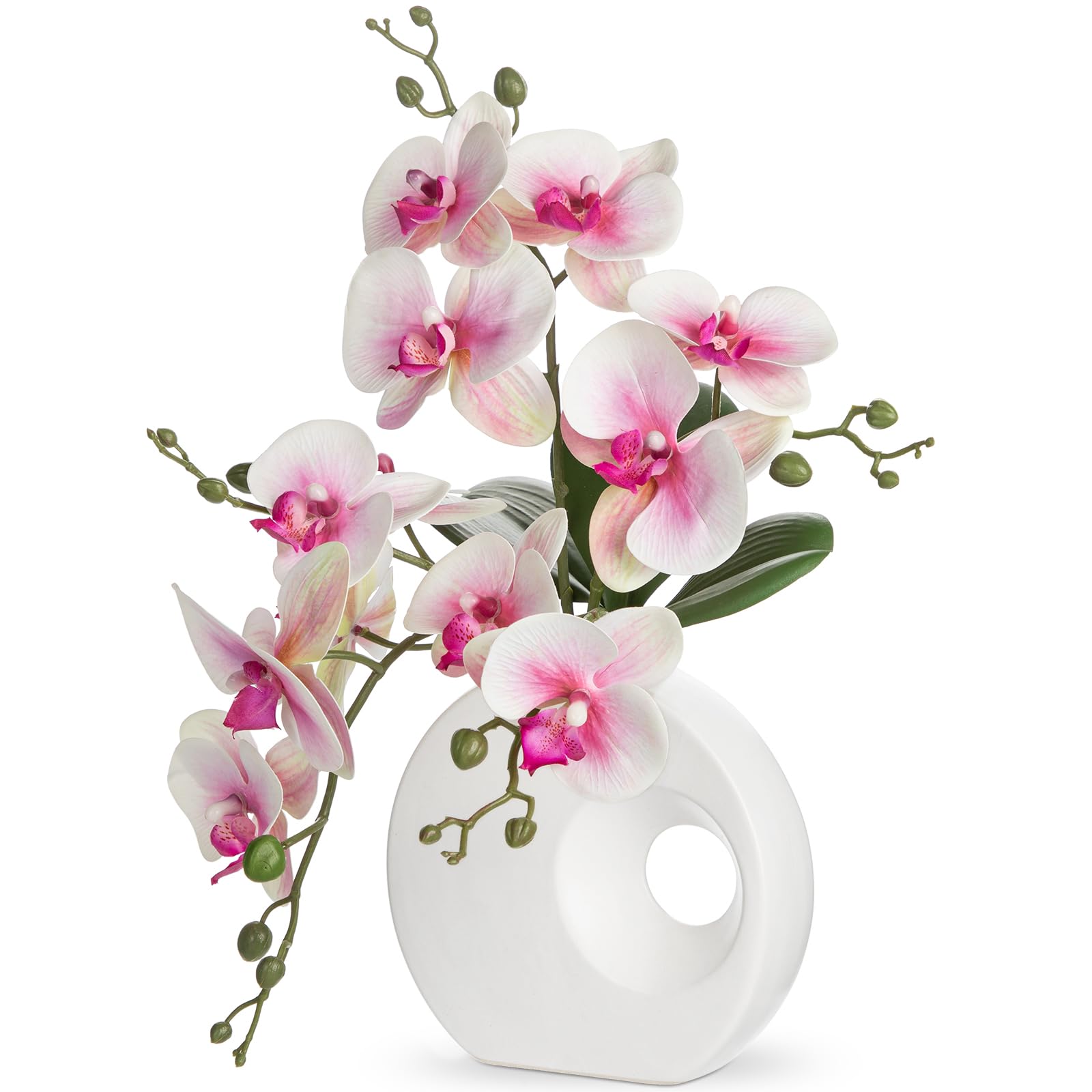 Oairse Artificial Orchid Plant in Ceramic Pot 15.7" Realistic Faux Orchid Flowers for Indoor Decoration Silk Pink Orchid in White Vase for Centerpiece Home Office Living Room Wedding Table Décor