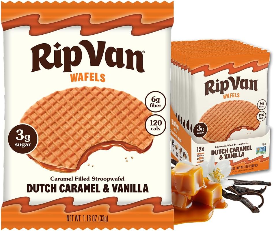 Rip Van Wafels Dutch Caramel & Vanilla Stroopwafels, Healthy Snacks, Non-GMO, Low Calorie, Low Sugar (3g), Office Snacks, Keto Friendly, 12 Count