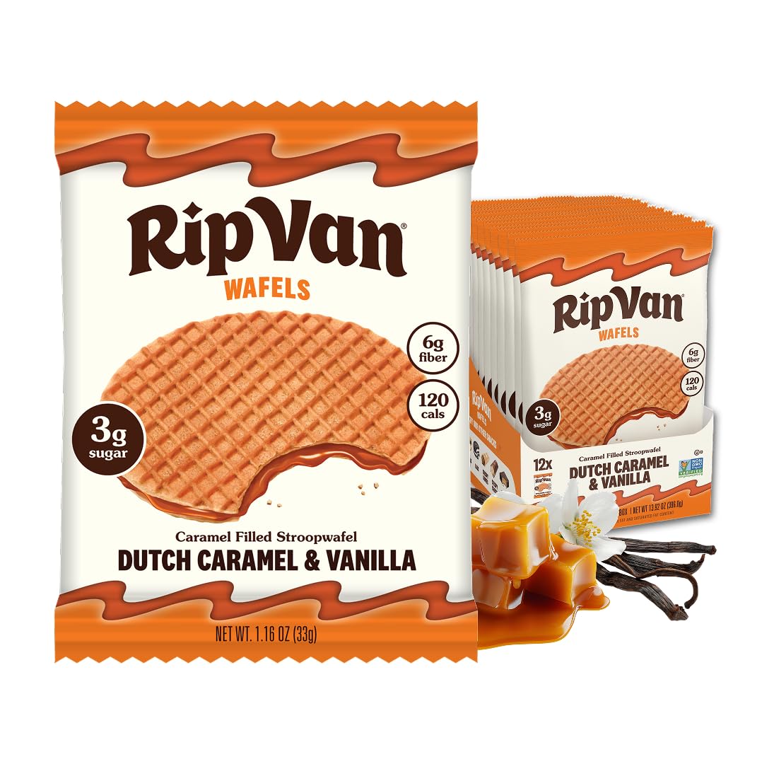 Dutch Caramel & Vanilla Stroopwafels, Healthy Snacks, Non-GMO, Low Calorie, Low Sugar (3g), Office Snacks, Keto Friendly, 12 Count