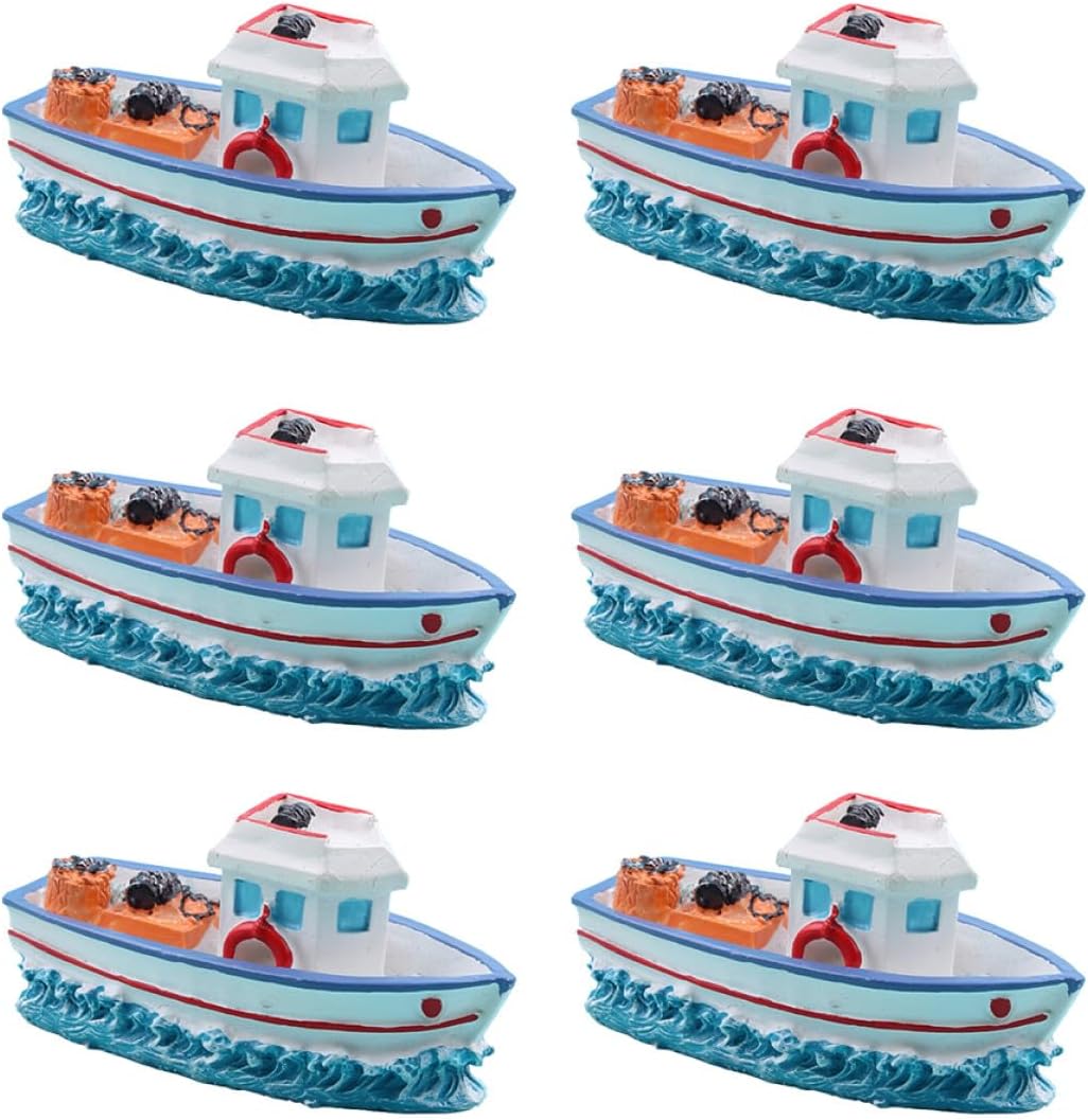 6pcs Resin Mini Fishing Boats Aquarium Decor, Mediterranean Style Micro Landscape Ornaments for Fish Tank Decoration, 5x2x2cm Small Decorative Resin Boats for Home Random Color