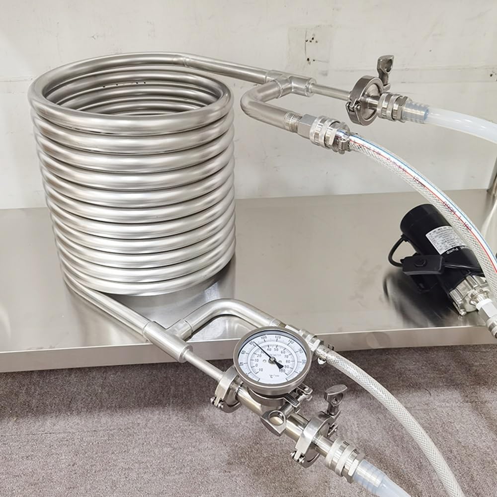 Stainless Steel 304 Counterflow Wort Chiller with Inline Thermometer & Male Quick Disconnects - 1PC Home Brewing Immersion Chiller for Efficient Beer Cooling