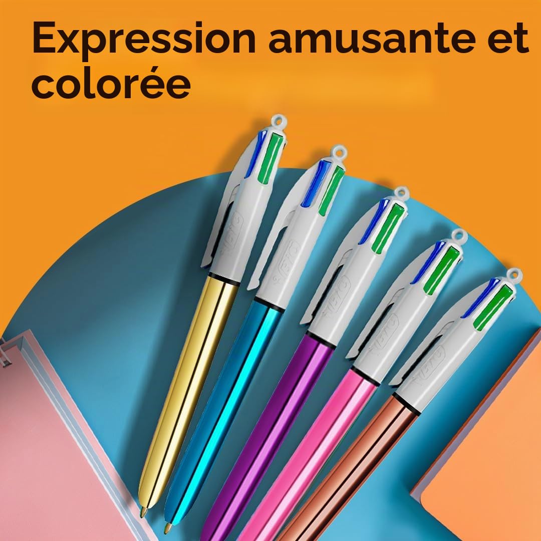 BIC Lot de 15 stylos à bille rétractables 4 couleurs Rainbow Shine, pointe moyenne (1 mm)