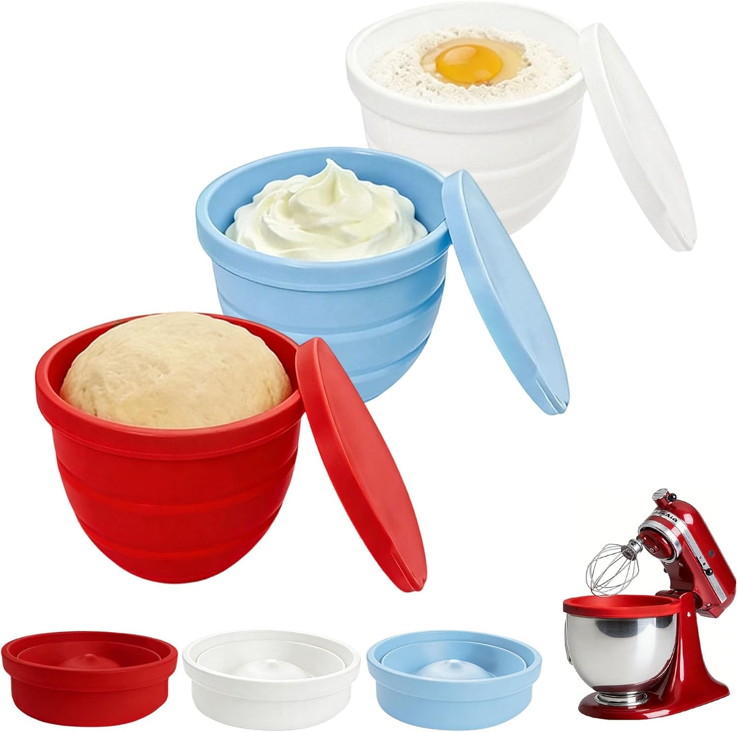 Upgraded Collapsible Silicone Bowl Liners for 5 Qt KitchenAid Tilt-Head Stand Mixer - 3 Liners with Airtight Lids, Heat-Resistant Mixer Accessories (3Pcs)