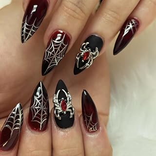 24 Pcs Goth Almond Press on Nails Halloween Fake Nails Black Red Gradient False Nails with Spider Web & 3D Spider Design Handmade Nails Acrylic Nails Press ons Full Cover Stick on Nails for Women